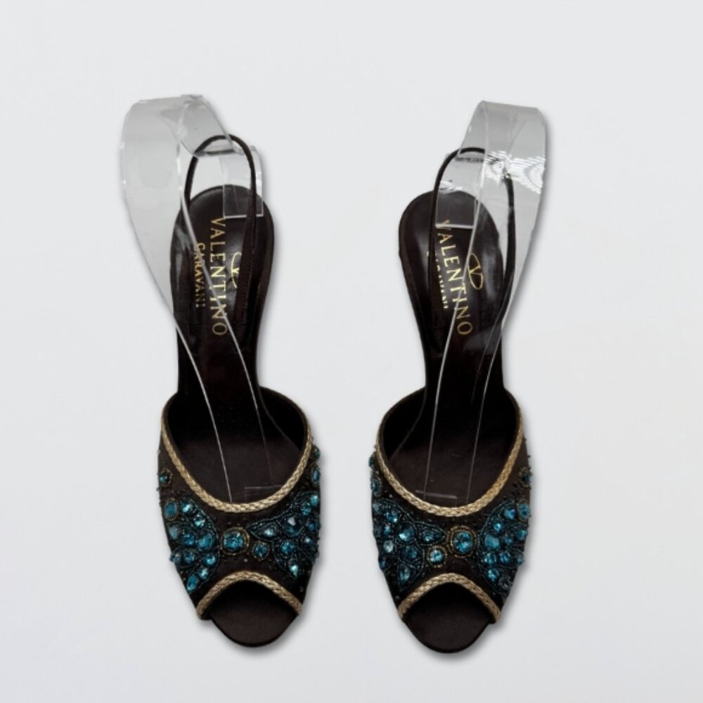 Valentino Garavani Jeweled Heels Crystal Embellishments Peep Toe Black EU 36.5